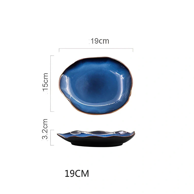 Deep blue irregular ceramic flat plate, 20.5cm diameter with kiln glaze, smooth surface for easy cleaning