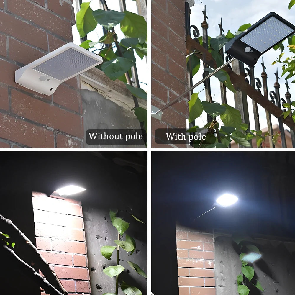 Solar garden light with 36 LED array in black or white finish showing integrated solar panel
