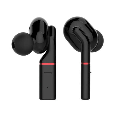 VV1 black and white Bluetooth wireless earphones with charging case showing in-ear design