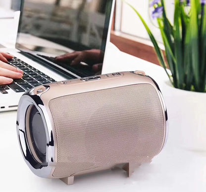 Portable metal sound card reader with subwoofer in black, blue, golden, red, or silver colour options.