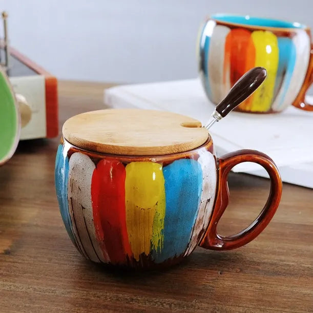 Handmade ceramic mug with lid and spoon in blue, green, yellow, or pink colours