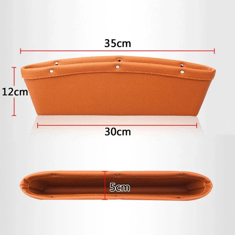 Premium faux leather car seat organiser in various colours, designed to fit between car seat and centre console for increased storage