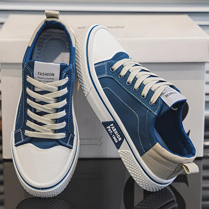 Men's canvas skate shoes in blue with PVC soles and lace-up front