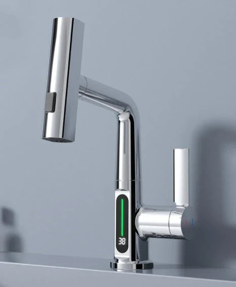 Sleek digital faucet with temperature display, 360° rotation, and pull-out hose for modern kitchen and bathroom needs