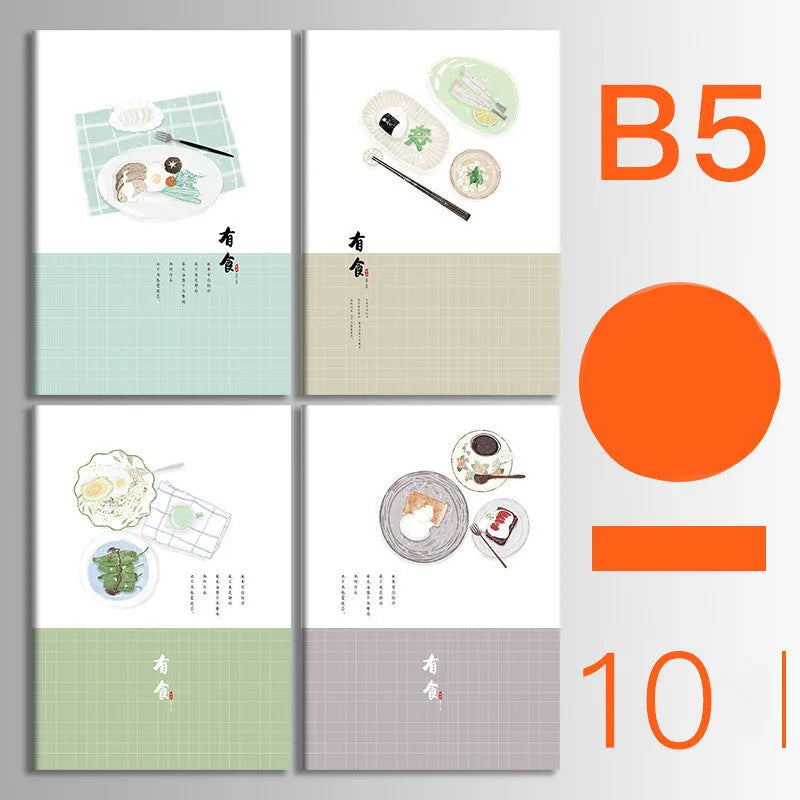 Pack of ten A5 kraft paper thread-bound notebooks with artistic cover designs lying flat.