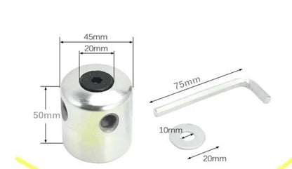 Silver aluminium Luzhu lawn mower trimmer head replacement accessory with four light yellow grass ropes and a wrench.