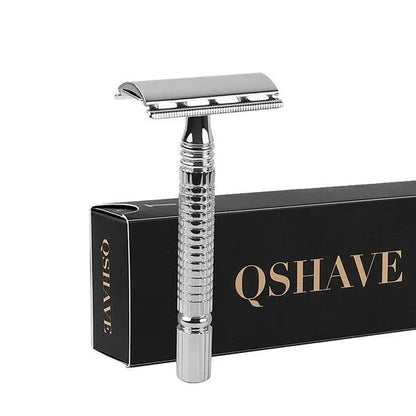 Chrome silver butterfly open double edged safety razor with stainless steel handle on storage box