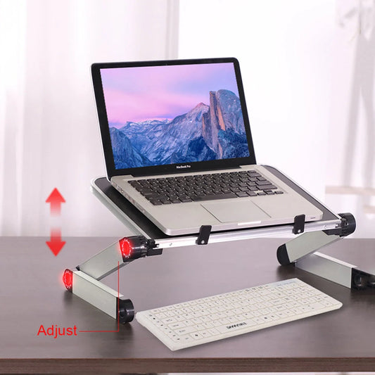 Adjustable foldable laptop stand in black and white, supporting ergonomic posture for laptops and tablets