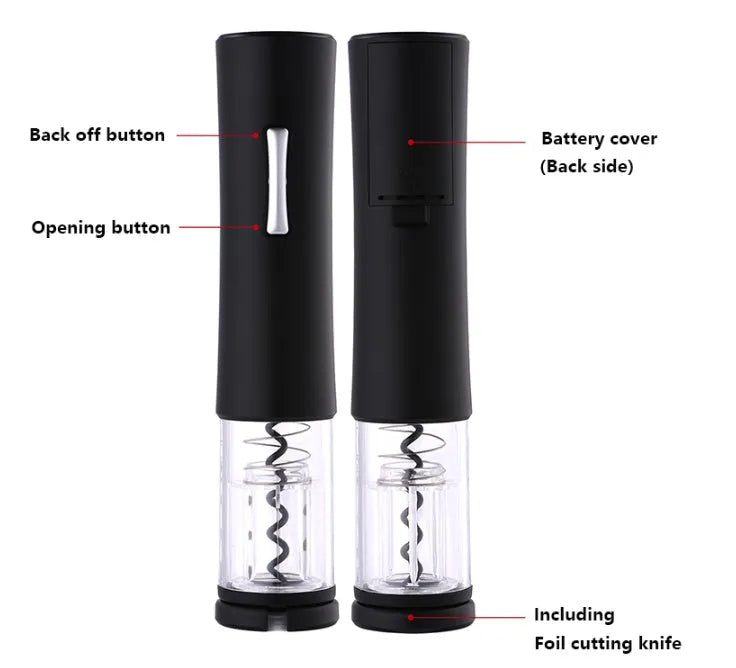 Black electric wine opener with transparent cover and aluminum foil cutter on wooden table