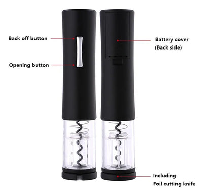 Black electric wine opener with transparent cover and aluminum foil cutter on wooden table