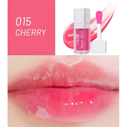Set of five bright lip gloss tubes with lip essence oil applicators in shades Style001, 006, 007, 012, and 015.
