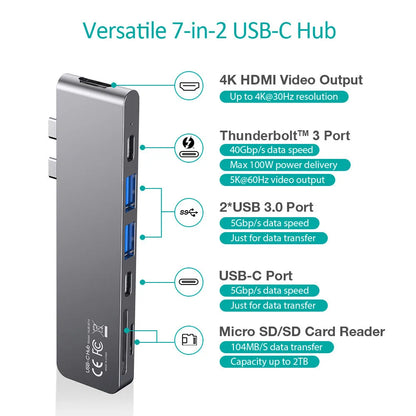 Silver aluminium USB-C hub adapter with SD card slot, Micro SD slot, HDMI, USB ports, and USB-C connector.
