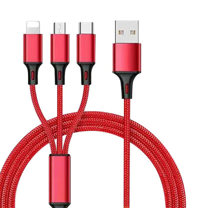 Red 3-in-1 nylon braided charging cable with three connector types on a 1.2m cord