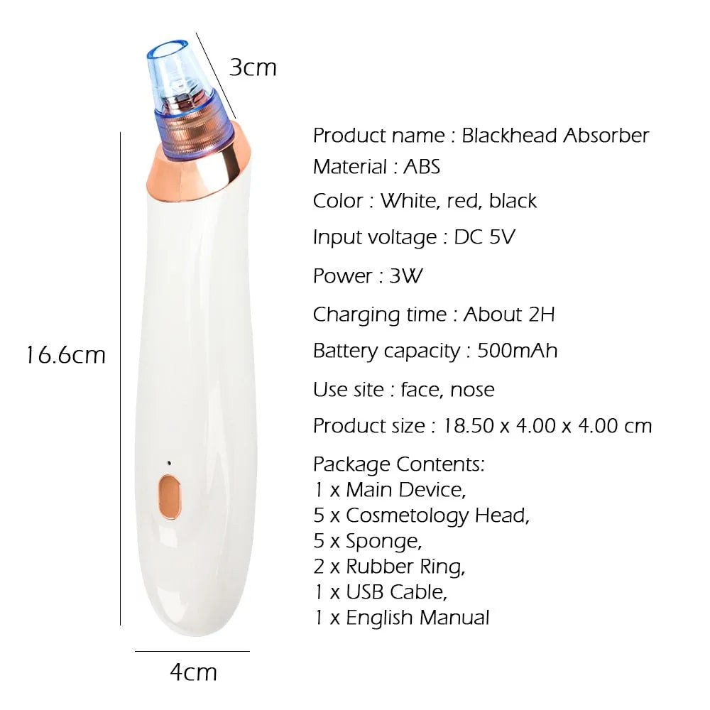 Electric blackhead remover device with five suction nozzle attachments, shown in black colour.