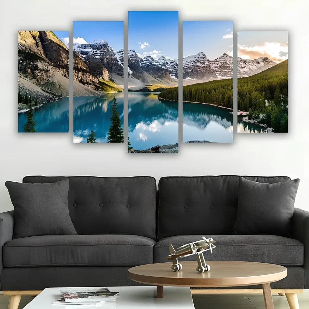 5-piece modular canvas wall art of Moraine Lake with turquoise water and mountains, available framed or unframed in sizes 30x50cm to 60x80cm per panel