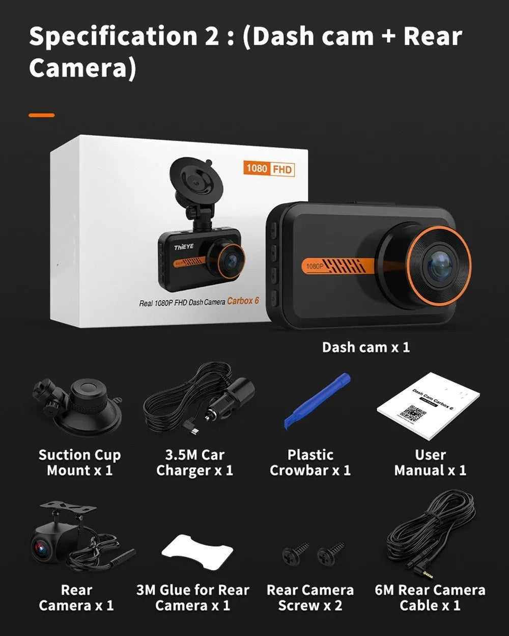 ThiEYE front and rear dash cam system with 3-inch screen showing dual camera views