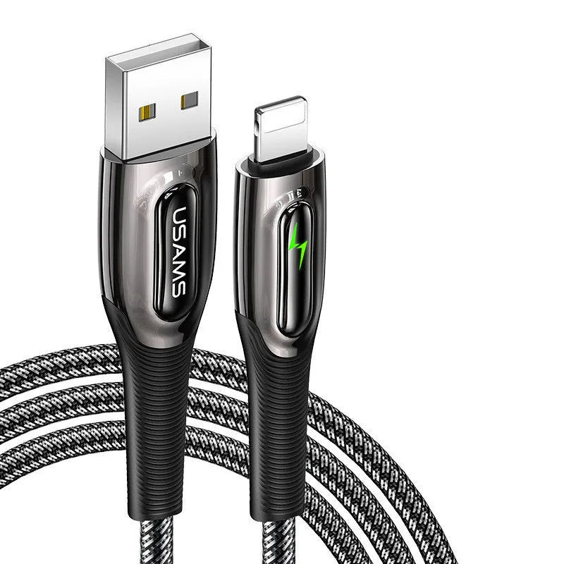 Black braided lightning cable with zinc alloy connectors for iPhone 12 charging and data transfer