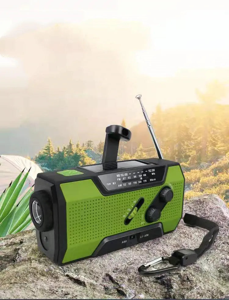 Pocket solar radio in green, red, white, or yellow with engineering plastic body, solar charging, and waterproof build.