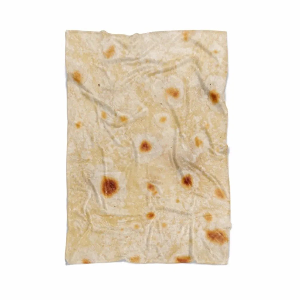 Round flannel burrito blanket with food-themed printing, showing coral fleece texture and wrap-style design