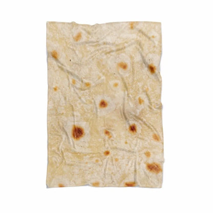 Round flannel burrito blanket with food-themed printing, showing coral fleece texture and wrap-style design