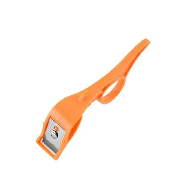 Multifunctional fruit peeler with finger ring grip and stainless steel blade in pink, blue, orange colours