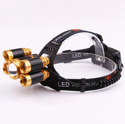 Gold or silver aluminium alloy LED head torch with adjustable zoom focus and tiltable head on an adjustable strap.
