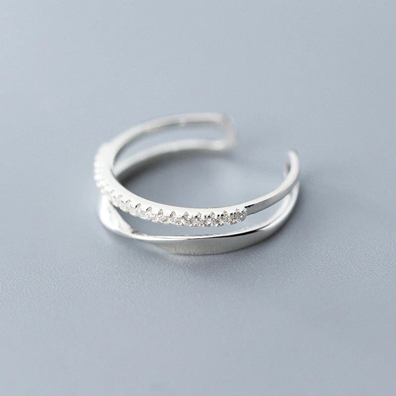 Adjustable S925 silver twisted double row ring with Korean-inspired design