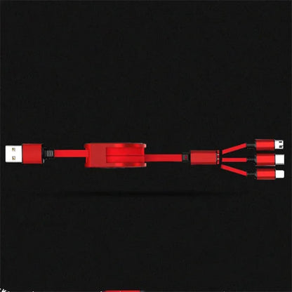 Black telescopic 3-in-1 charging cable with titanium alloy connectors extended on a white background.
