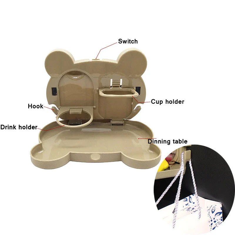 Adjustable car seat tray with spacious surface, side hooks, and compact design for in-vehicle use