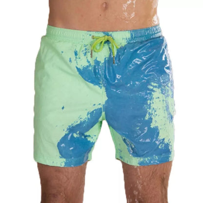 Men's colour-changing beach shorts in various colours, showing quick-dry and water-reactive features