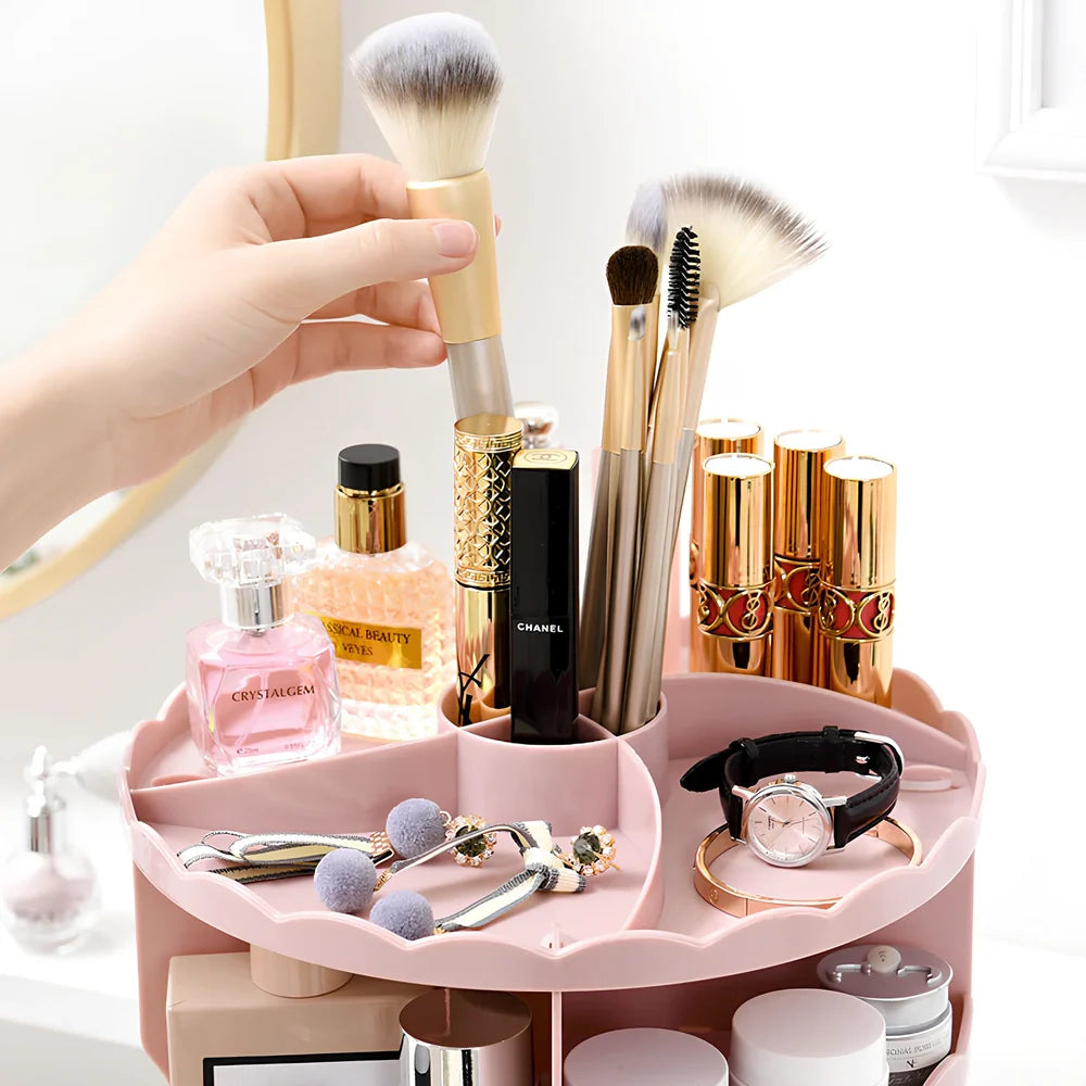 Pink rotating cosmetics storage box with 360-degree mechanism and 23 x 30.5cm dimensions organising bathroom items