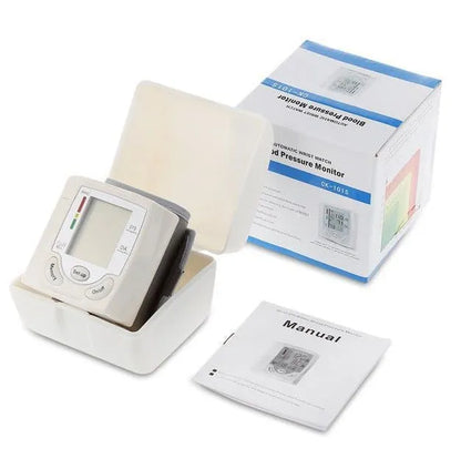 Grey portable wrist blood pressure monitor with digital display and ABS plastic casing