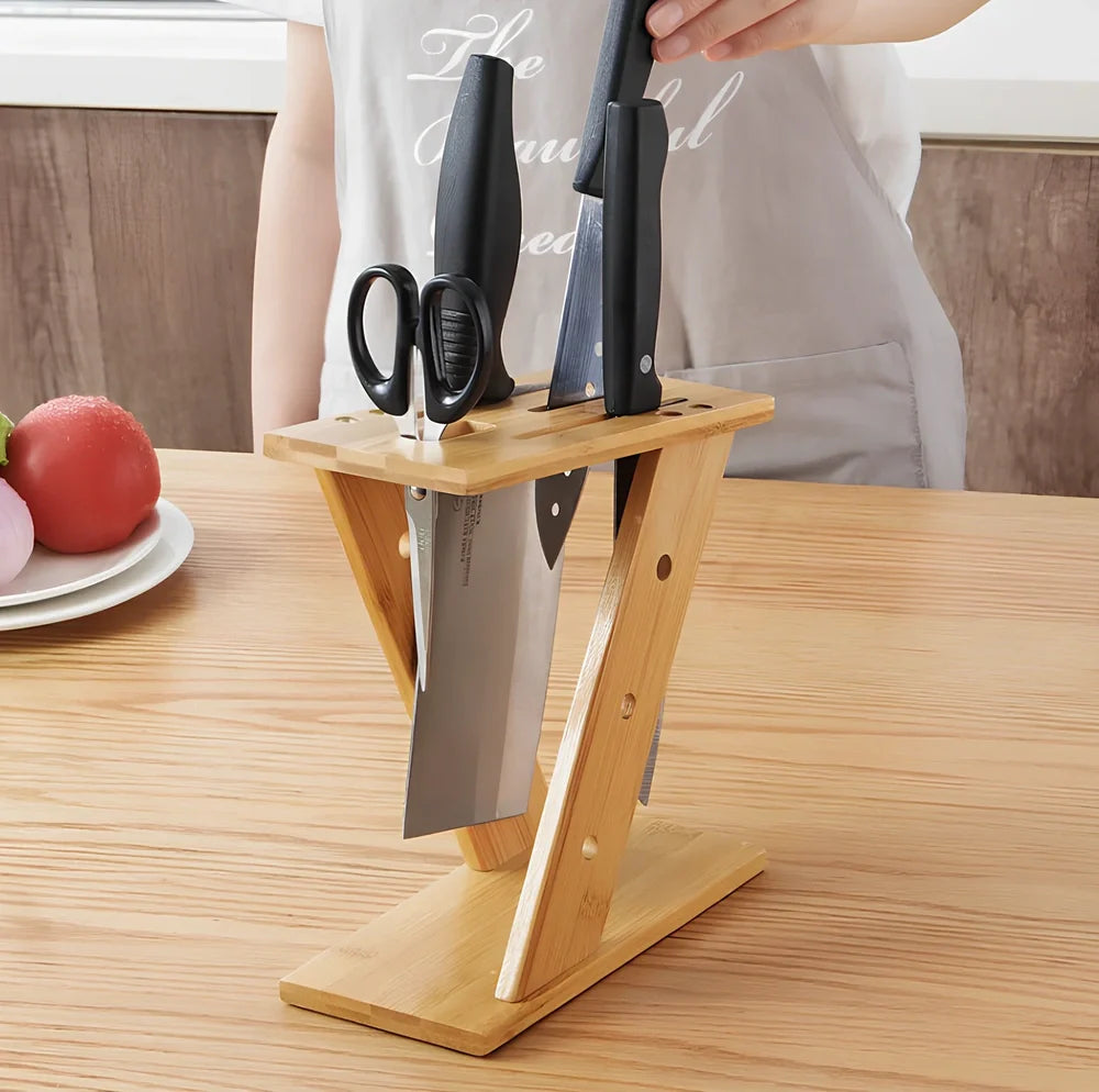 Bamboo cross kitchen knife holder, 20cm tall, stores five blades in upright slots on 15cm base