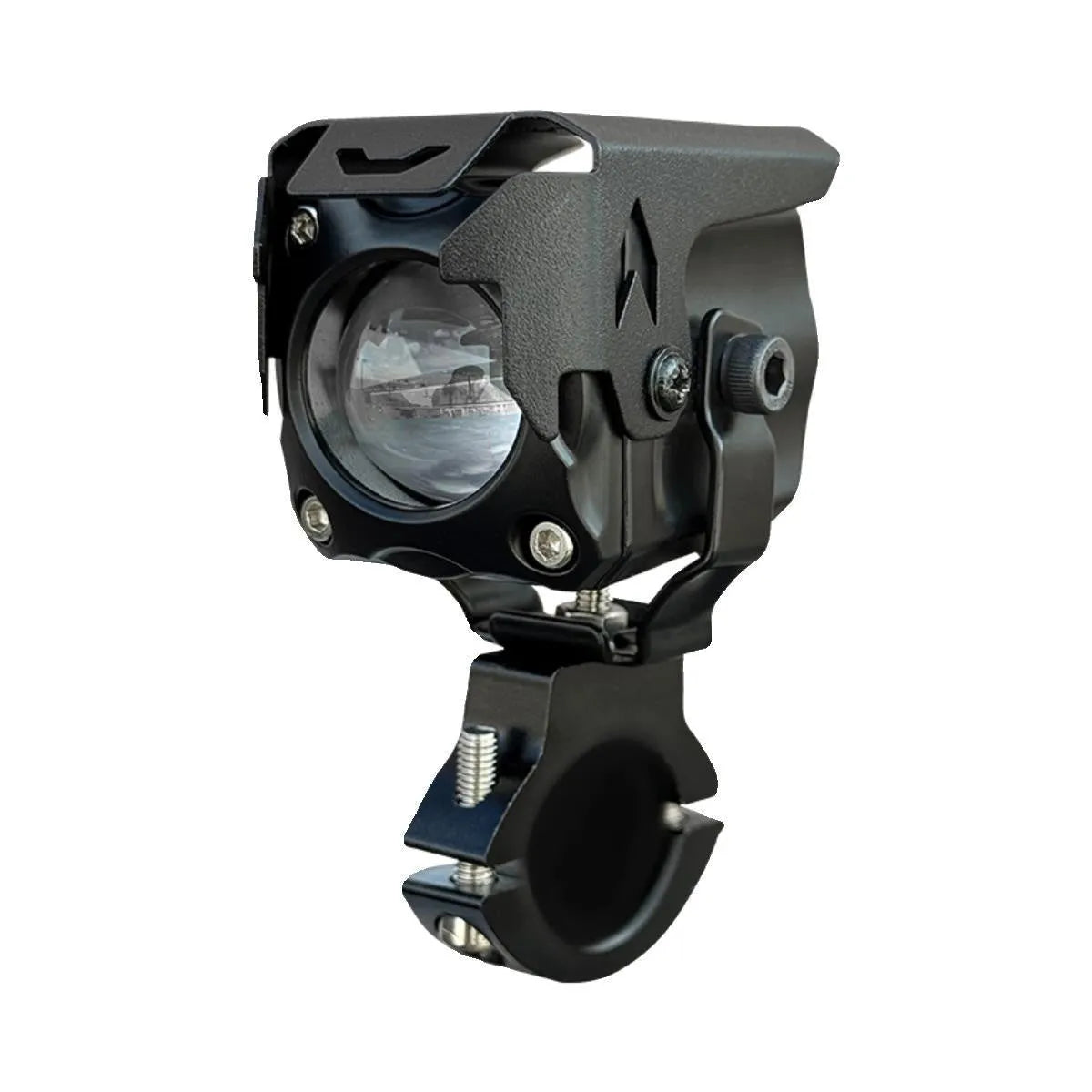 Motorcycle LED spotlight kit with wire group, mirror switch, mounting bracket, and cable ties.