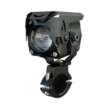Motorcycle LED spotlight kit with wire group, mirror switch, mounting bracket, and cable ties.