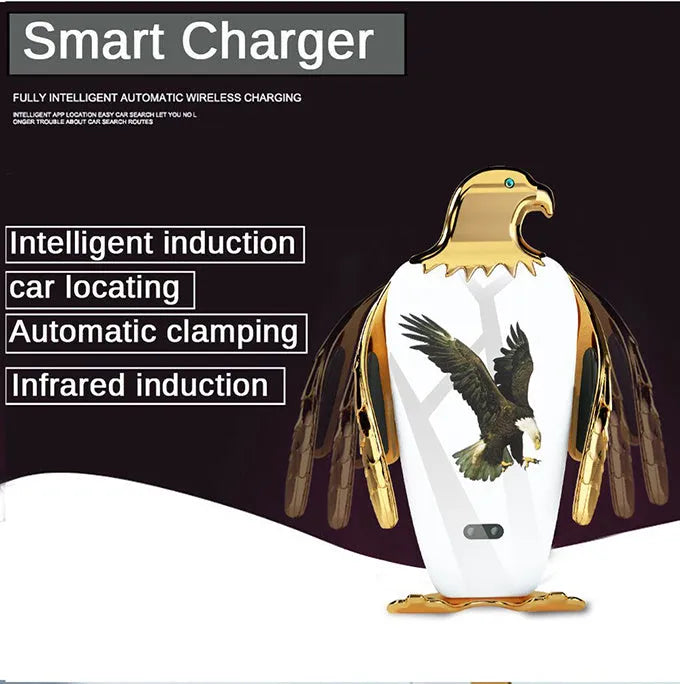 Car phone holder with wireless charging pad and Eagle design on a suction cup mount.
