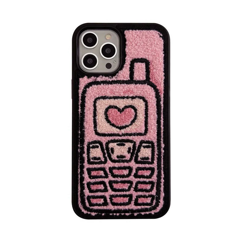 Pink iPhone back cover case with embroidered towel texture design for iPhone models X through 15 Pro Max.