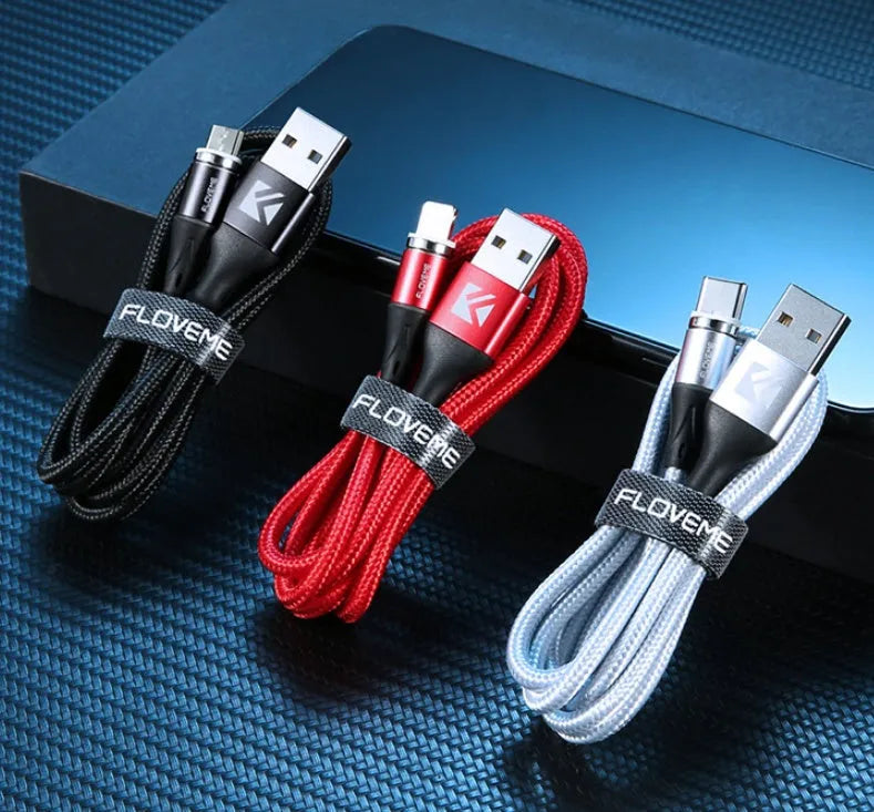 Black magnetic fast charge cable with LED light and three interchangeable tips for iPhone, Android, and Type-C connectors