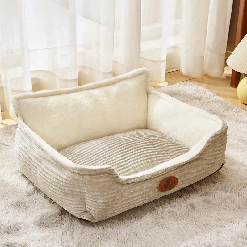 Coffee coloured removable washable pet kennel cushion bed for small medium dogs cats on a wooden floor