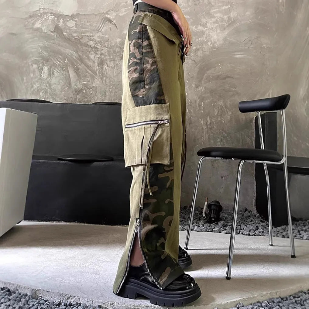 Women's dark khaki high waist jeans with leopard print and contrast stitching detail