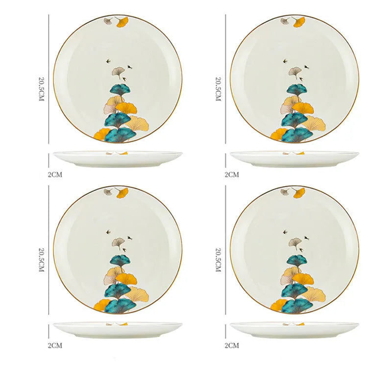 Round porcelain dinner plate with Nordic plant and flower design, flat disk shape, glaze colour finish