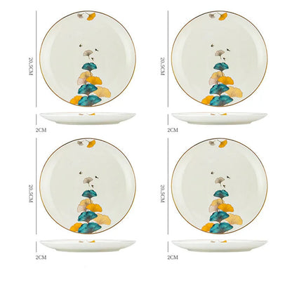 Round porcelain dinner plate with Nordic plant and flower design, flat disk shape, glaze colour finish