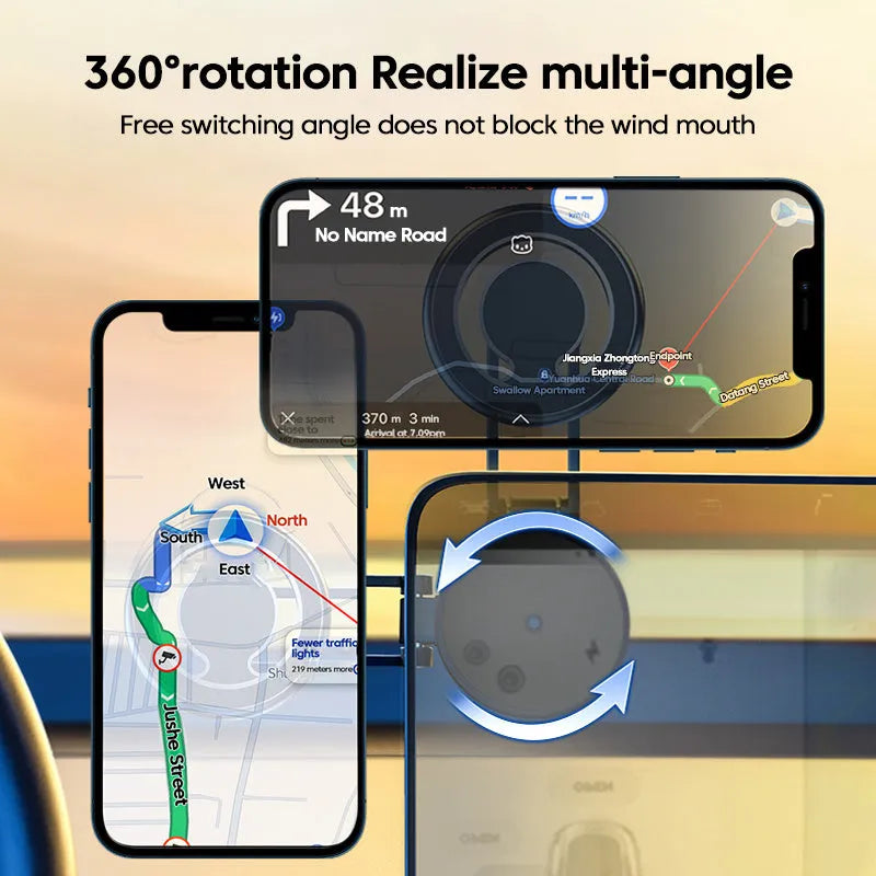 Black telescopic car phone holder extended on a car dashboard, showing phone attached with magnetic mount.