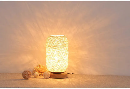 Twine Sepak Takraw desk lamp with hemp rope shade and solid wood base