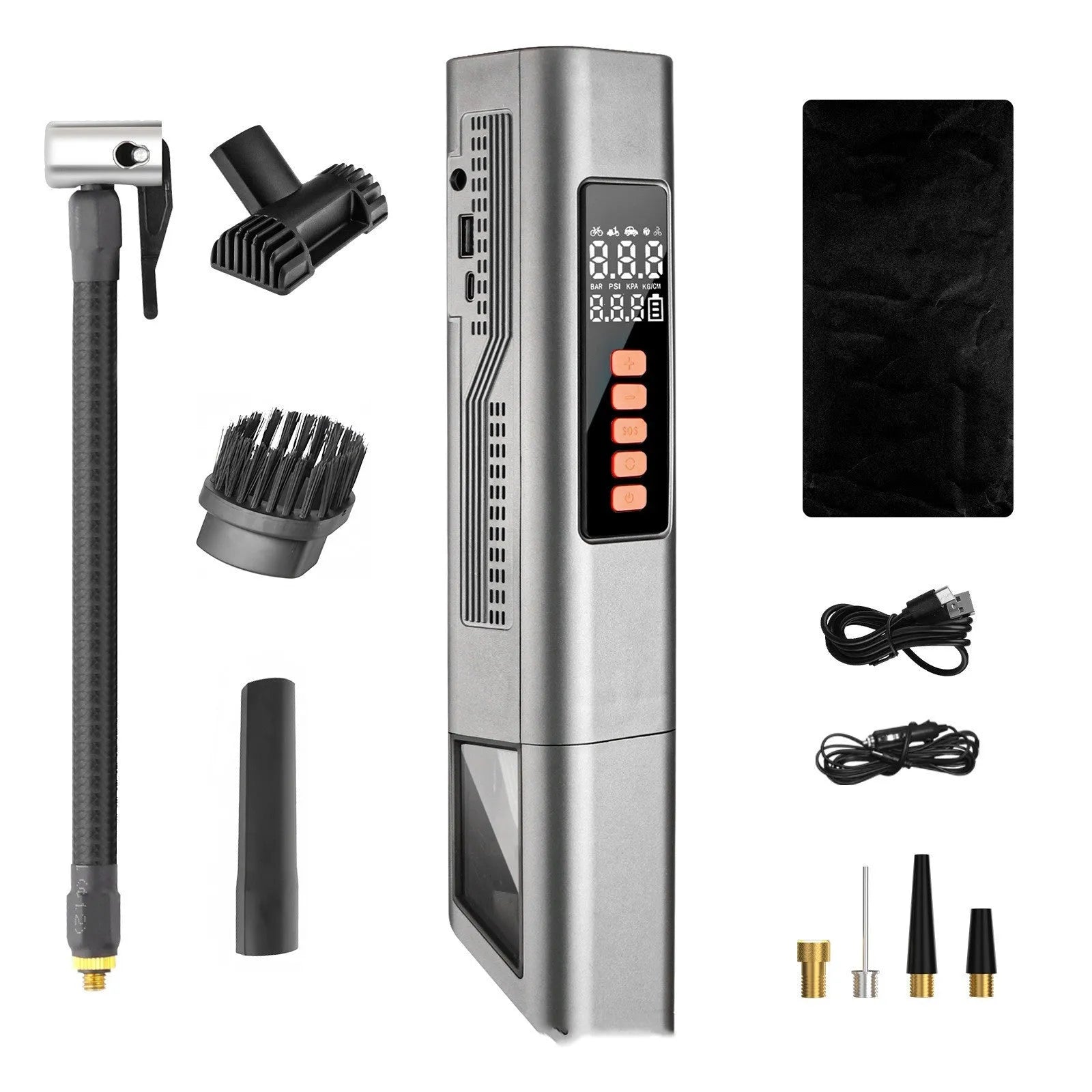 Wireless electric car tyre inflator with digital display showing pressure readings and compact portable design