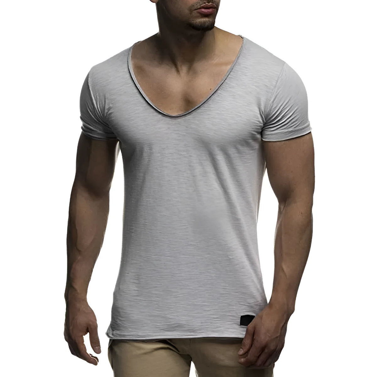 Men's V-neck short sleeve slim fit t-shirt in red, black, white, grey, navy blue, or lake blue, made from 90% modal.
