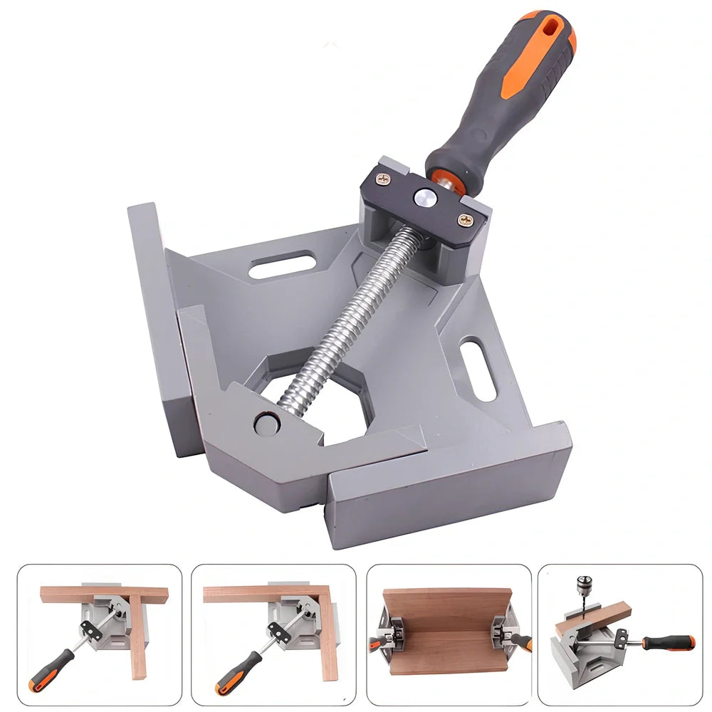 Corner Perfecter 90-degree right angle welding and woodworking fixture with adjustable jaws and rubber handle