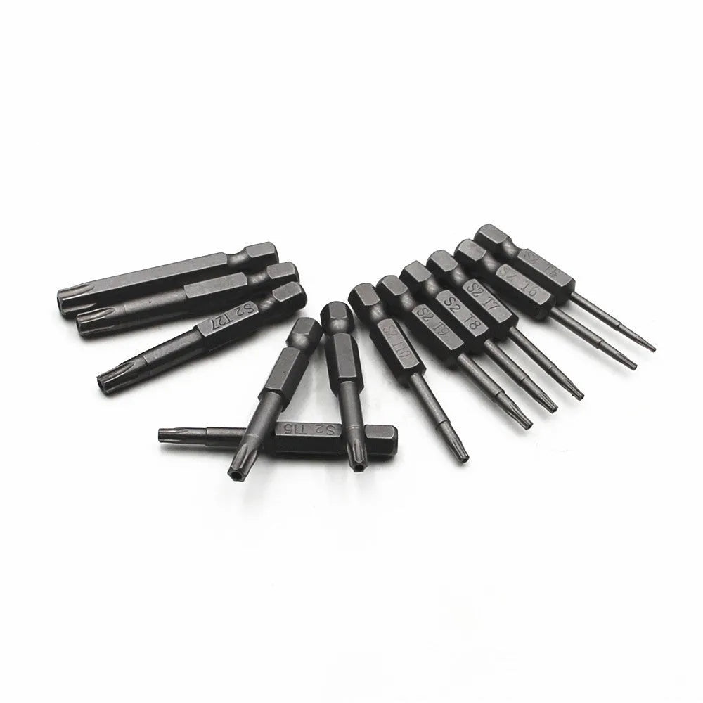 Hexagon handle alloy screwdriver bit set showing 50mm, 75mm, and 100mm lengths for Type 0 plum blossom hollow screws.