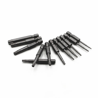 Hexagon handle alloy screwdriver bit set showing 50mm, 75mm, and 100mm lengths for Type 0 plum blossom hollow screws.