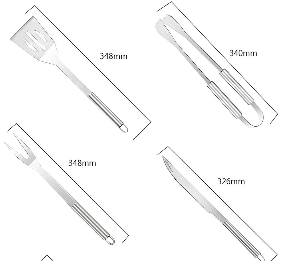Silver 10-piece stainless steel BBQ tool set with shovel, fork, clip, strings, brush, and tote bag, sized 40x16.5x6cm for outdoor use